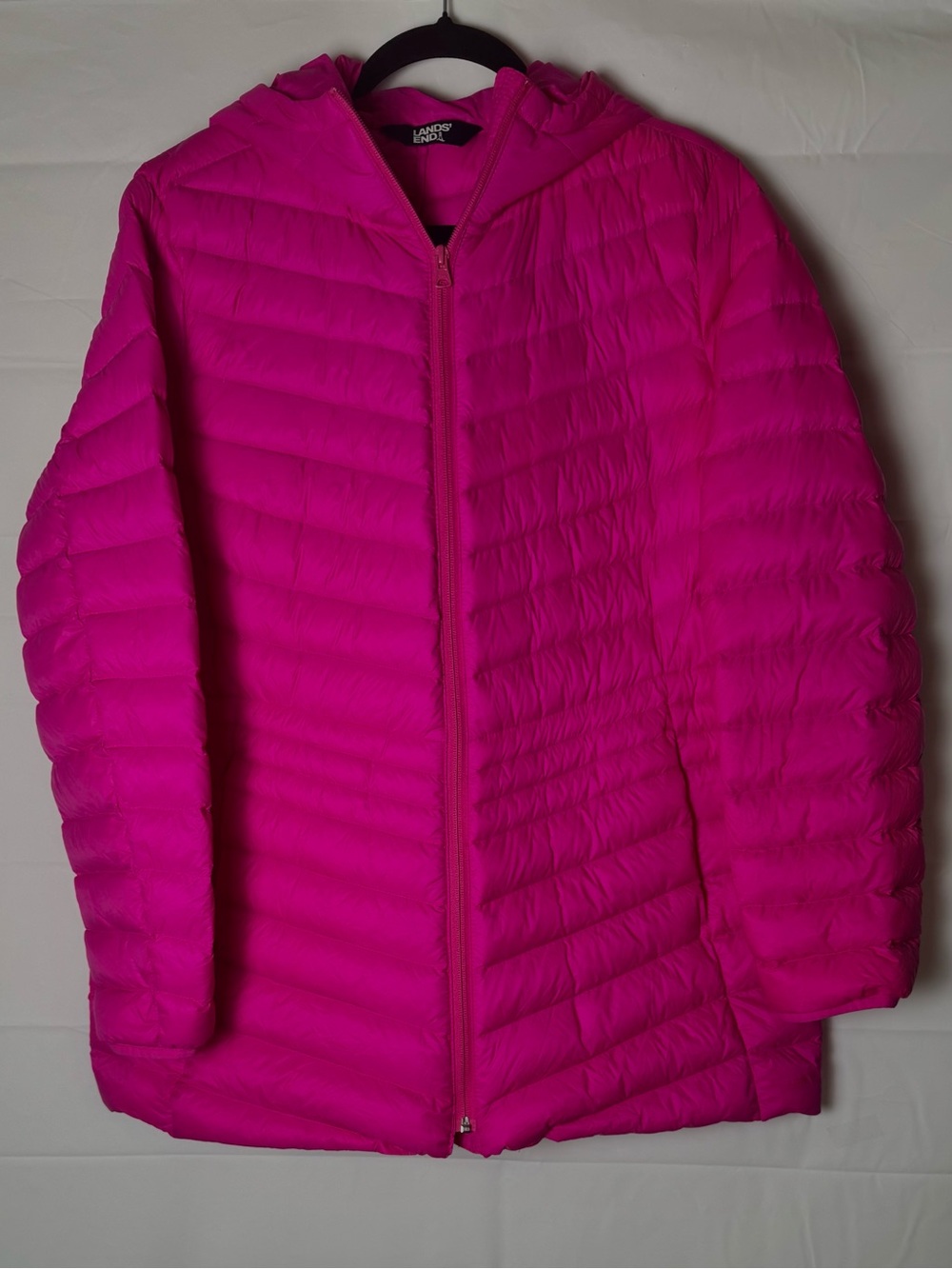 Lands' End Women's Hooded Packable Puffer Jacket - Hot Pink, Sz L. NWT